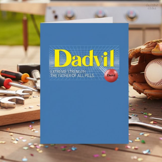 Dadvil Extreme Strength Rolig Fars Dag-kort Hälsningskort (Funny Father’s Day card with Dadvil parody design for the dad who fixes everything)