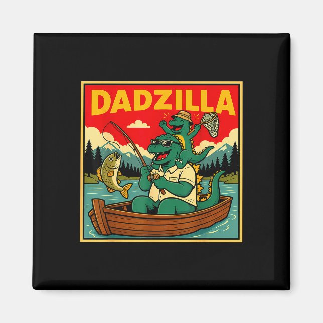 Dadzilla fiske dinosaur far och son retro  magnet (Framsidan)