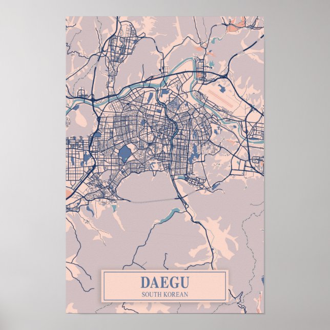 Daegu sydkoreansk Blåsigt stads karta Resa Poster (Framsidan)