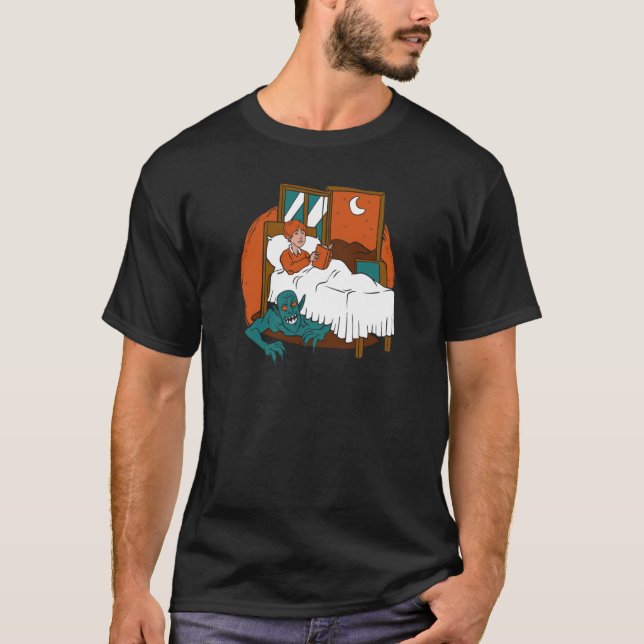 Daemon Gömmer under en barnsäng Coola Retro Story T Shirt (Framsida)