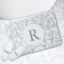Daety Blue & White Blommigt Monogram Bath Mat