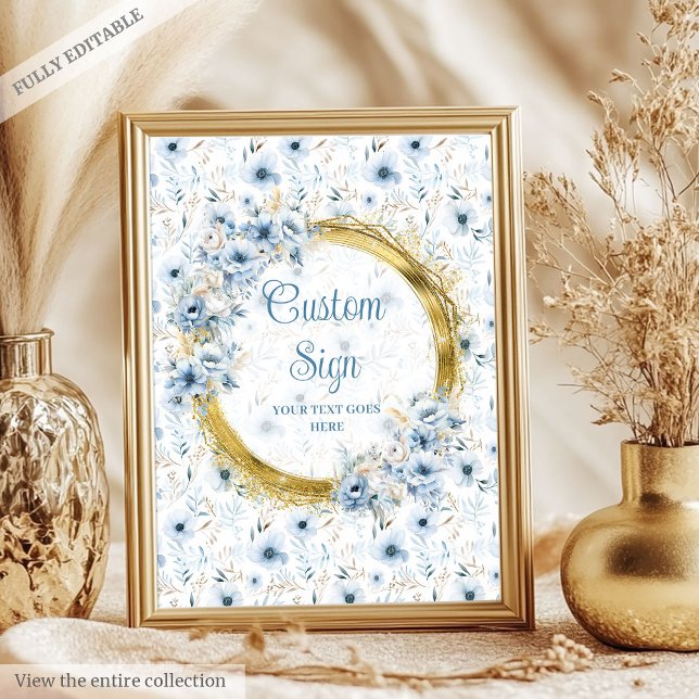 Daety dusty Blue Vattencolor Blommor guld anpassni Poster (Dainty dusty blue watercolor flowers gold custom poster)