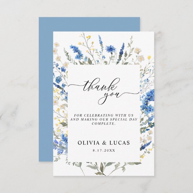 Daety Dusty Blue Vild Blommigt Navy Rustic Bröllop Tack Kort (Fram/baksida)