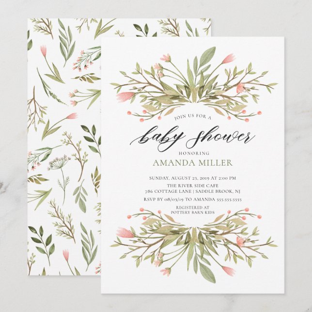 Daety Girls Rosa Blommigt & Greenery Baby Shower Inbjudningar (Fram/baksida)