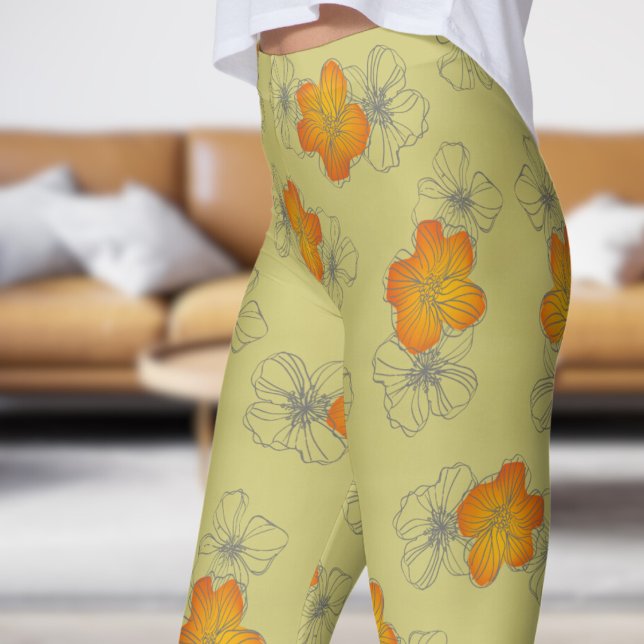 Daety Khaki Gult Triple Bloom Blommönster Leggings (Triple Bloom on Khaki)
