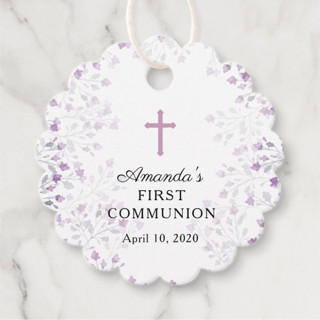 Daety Lila Blommigt First Heliga Communion Gåvor Etiketter (Framsida)