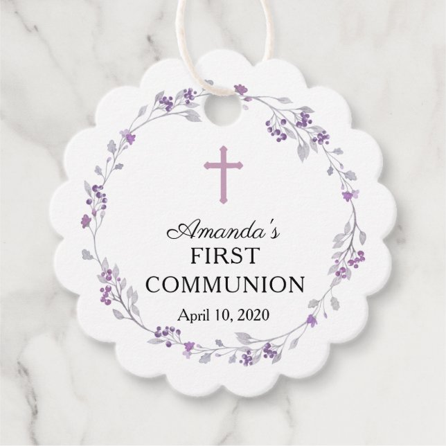 Daety Lila Blommigt First Heliga Communion Gåvor Etiketter (Framsida)
