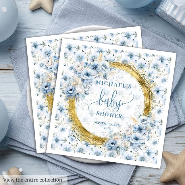 Daety pastel blåa blommor guld babyduschnapkin pappersservett (Dainty pastel blue flowers gold baby shower napkins)