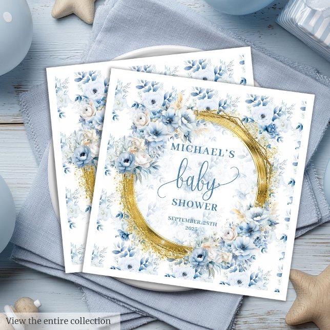 Daety pastel blåa blommor guld babyduschnapkin pappersservett (Dainty pastel blue flowers gold baby shower napkins)