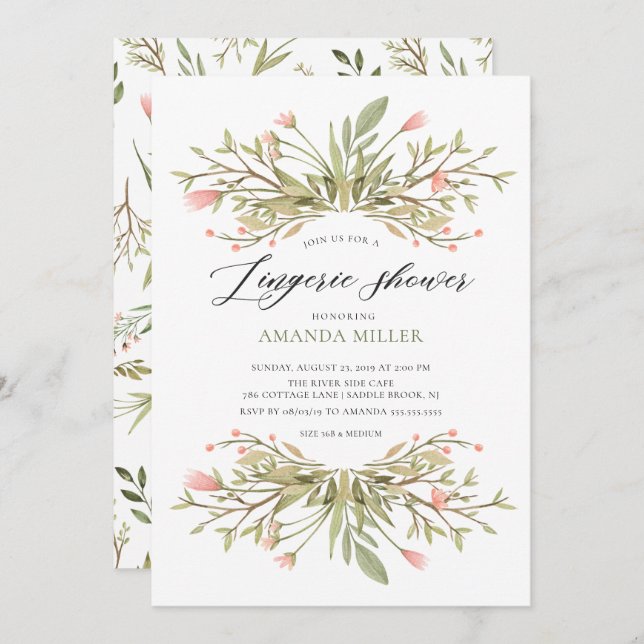 Daety Rosa Blommigt Greenery Möhippa Lingerie Show Inbjudningar (Fram/baksida)