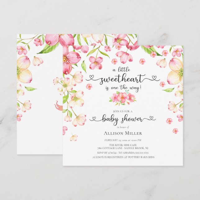 Daety Rosa Blommigt SweBaby Shower Invati Inbjudningar (Fram/baksida)