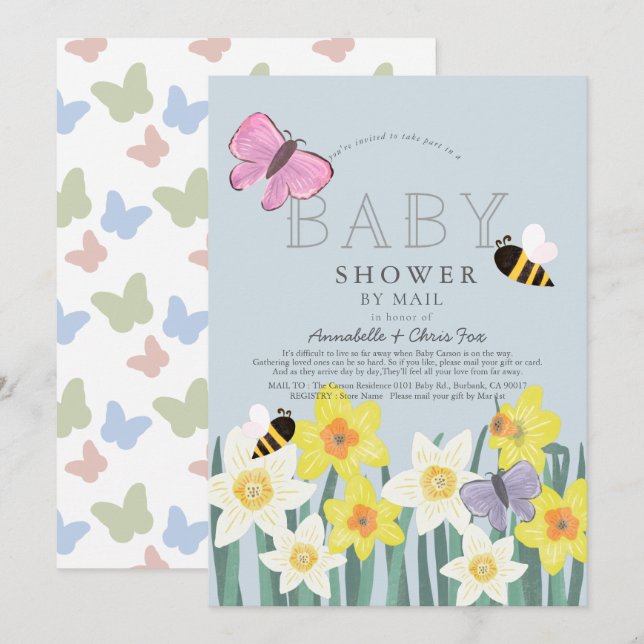 Daffodil Butterfly Bee Blommigt Baby Shower by Mai Inbjudningar (Fram/baksida)