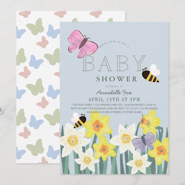 Daffodil Butterfly Bee Blommigt Baby Shower Inbjudningar (Fram/baksida)