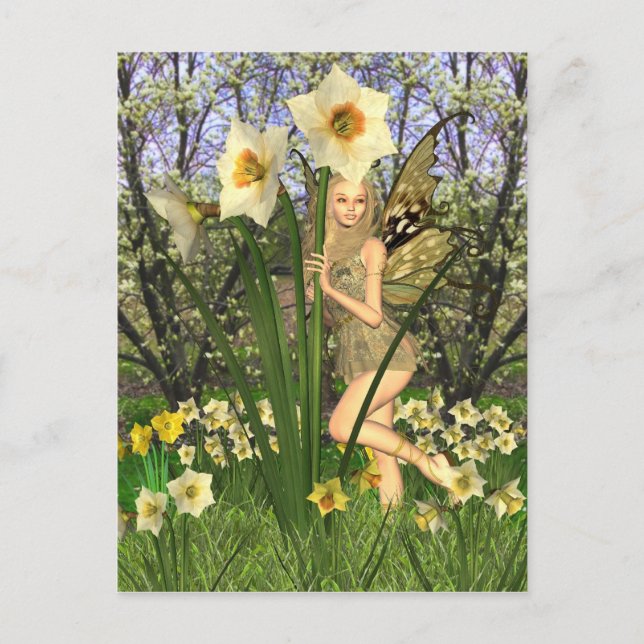 Daffodil Fairy med bakgrunden Vår Vykort (Framsida)