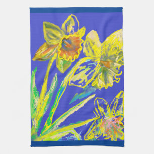 Daffodil Flower Blommigt Vår Watercolor Blue Tea Kökshandduk