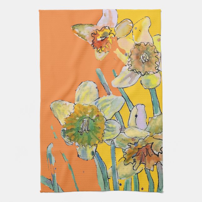 Daffodil Flower Blommigt Vår Watercolor Orange Kökshandduk (Vertikal)