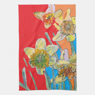 Daffodil Flower Blommigt Vår Watercolor Red Kökshandduk