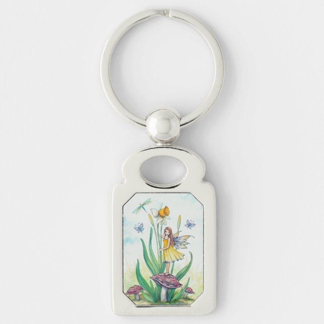 Daffodil Flower Fairy Fantasy Art Rektangulärt Silverfärgad Nyckelring (Framsidan)