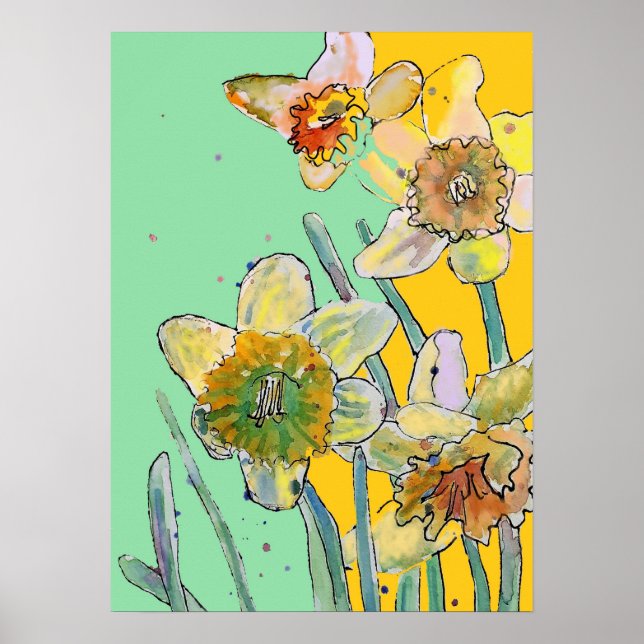 Daffodil Gult Aqua Blomsterträdgård Poster (Framsidan)