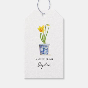 Daffodil i blå och vit pott presentetikett