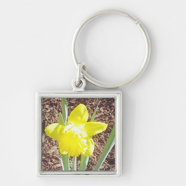 Daffodil Keychain Fyrkantig Silverfärgad Nyckelring (Framsidan)
