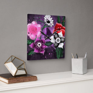 Daffodil Lila av viskBlommigt Black Rosa Daisy Daf Fyrkantig Klocka