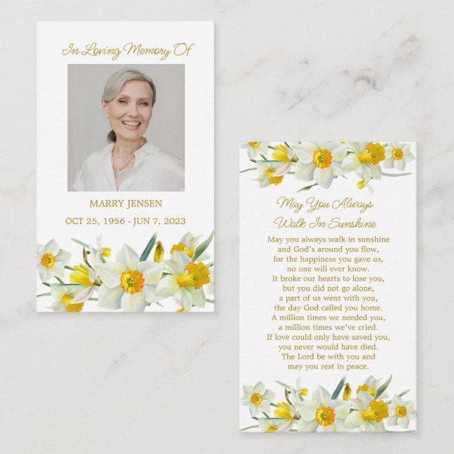 Daffodil Memorial Photo Funeral Prayer Card Visitkort (Fram/baksida)