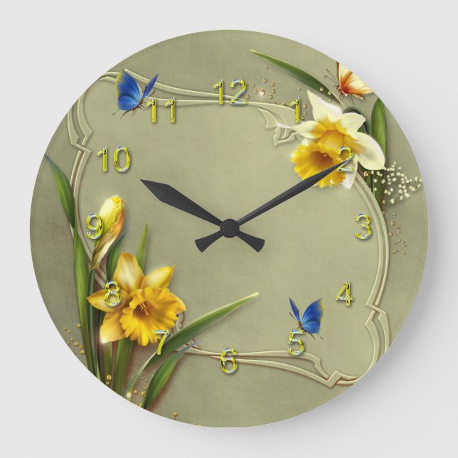 Daffodil och Blue Butterfly Stor Klocka (Framsida)