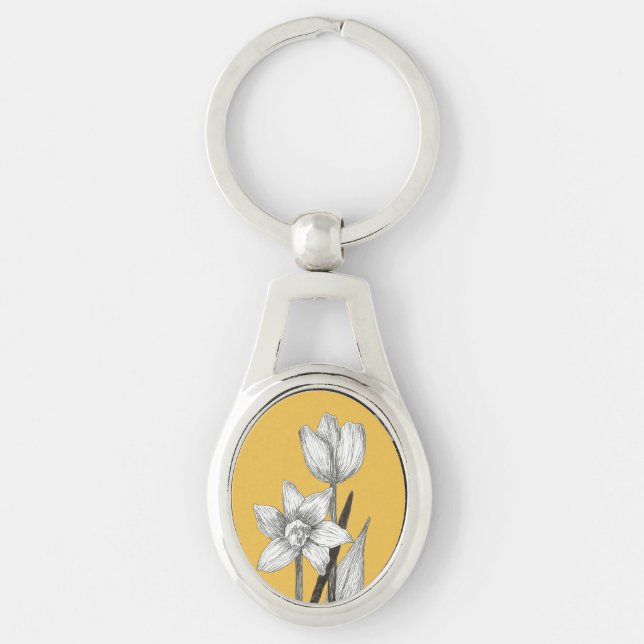 Daffodil och tulip-nyckelring ovalt silverfärgad nyckelring (Framsidan)