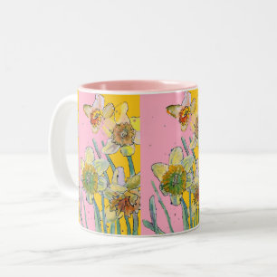 Daffodil Painting Hand Painting Gult Rosa blommigt Två-Tonad Mugg