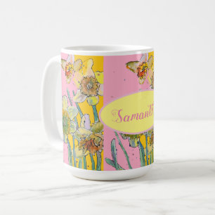Daffodil Painting Watercolor Gult Rosa blommigt Kaffemugg
