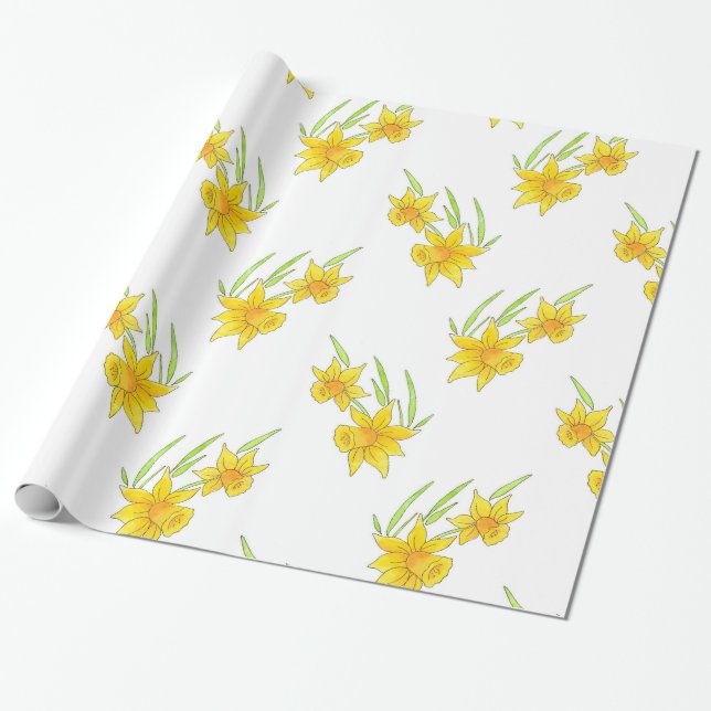 Daffodil Pan och Watercolor Mönster Presentpapper (Utrullad)