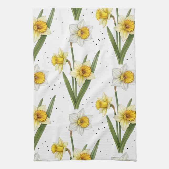 Daffodil Spring Floral in Soft Yellow and Green 2 Kökshandduk (Vertikal)