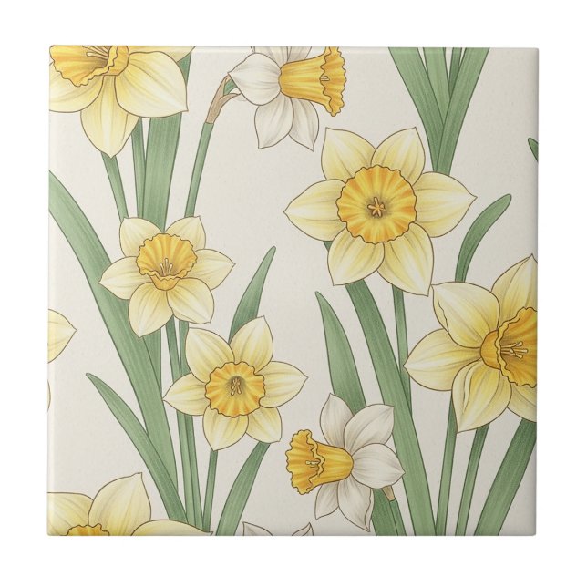 Daffodil Spring Floral in Soft Yellow and Green 4 Kakelplatta (Framsidan)