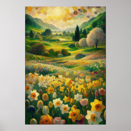 Daffodil Vår Meadow Impressionist Cheerful Art Poster