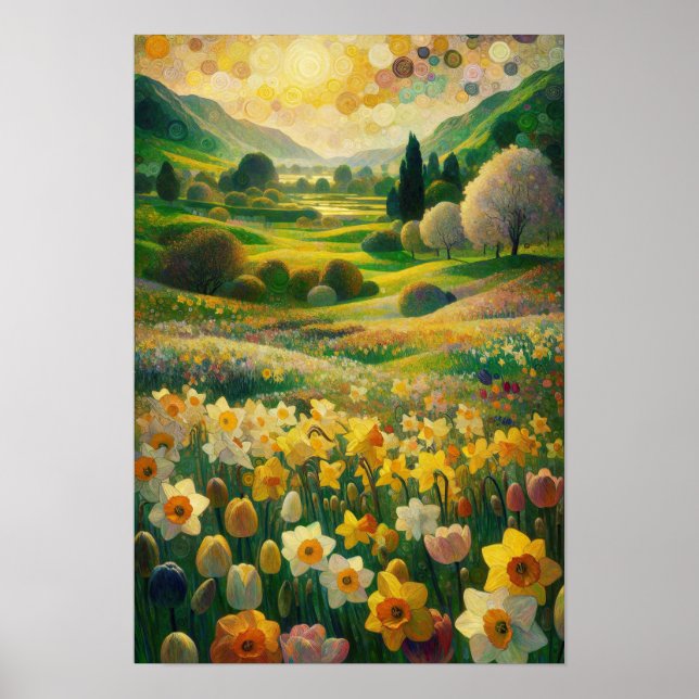 Daffodil Vår Meadow Impressionist Cheerful Art Poster (Framsidan)