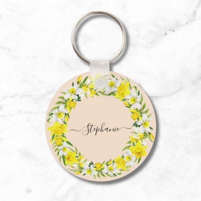 Daffodil Vår Söt Gult Vitt eget namn Nyckelring (Personalize with Name, or other short text)