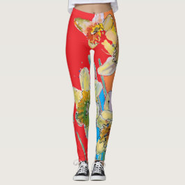 Daffodil Vattenfärgsfärg Röd Blommigt Leggings