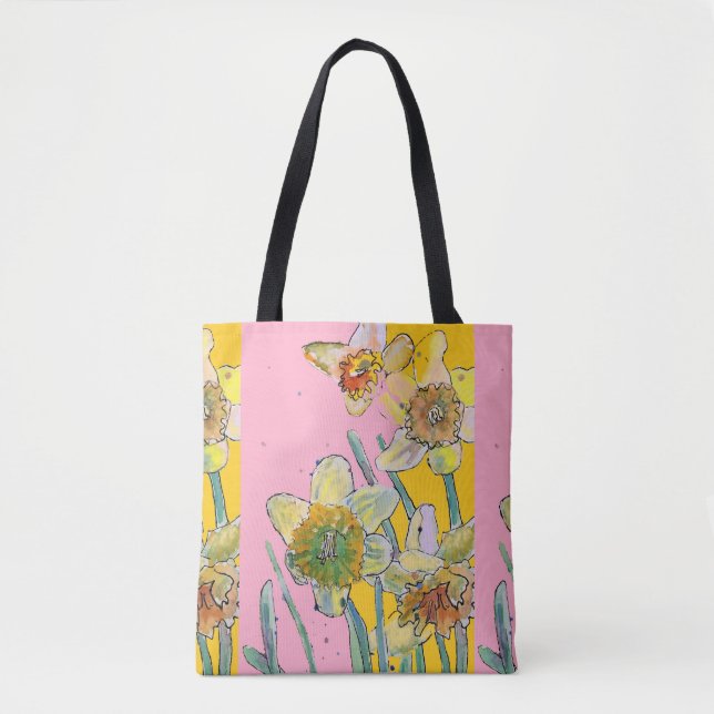 Daffodil Watercolor blommigt Dam Art Toxt Bag Tygkasse (Framsida)