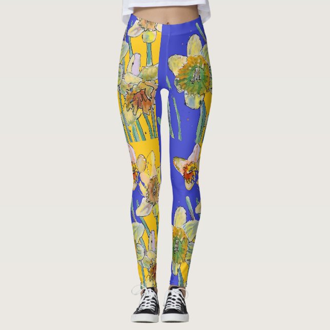 Daffodil Watercolor Flower Blue Blommigt Leggings (Framsida)
