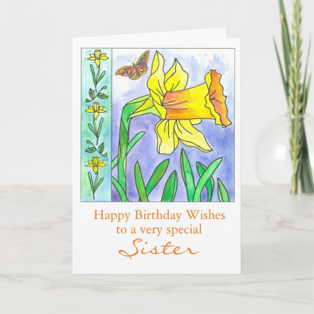 Daffodil Watercolor Flower Grattis på födelsedagen Kort (Framsida)