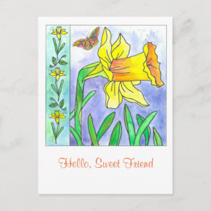 Daffodil Watercolor Flower Hej Sweet Friend Vykort