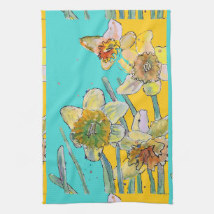 Daffodil Watercolor Flower Turcos blommigt Kökshandduk