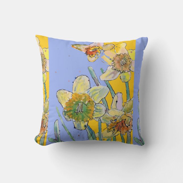 Daffodil Watercolor Gult Flower blommigt Cushion Kudde (Framsida)
