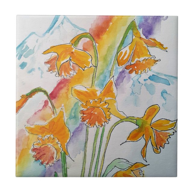 Daffodil Watercolor Gult Rainbow Blommigt Kakelplatta (Framsidan)