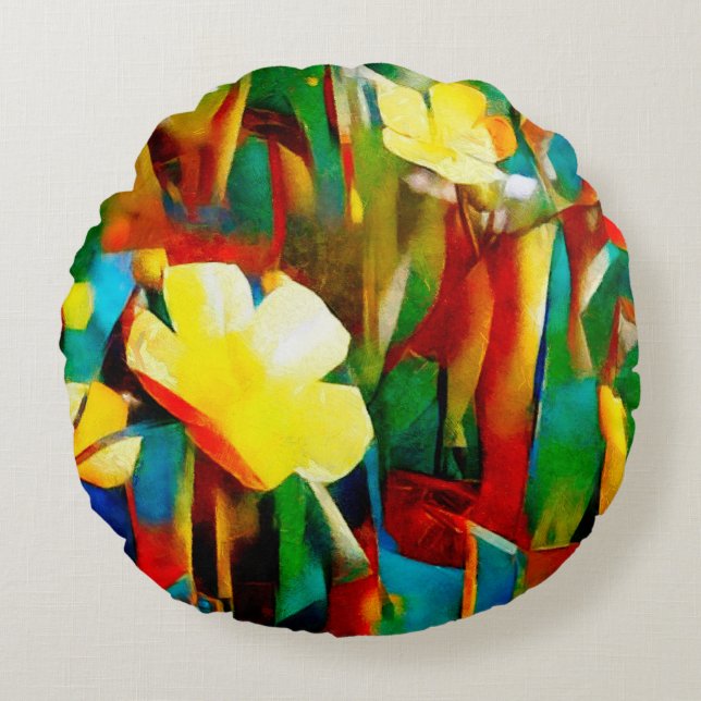 Daffodils. Abstraktens blommigt i en kubist Rund Kudde (Framsidan)