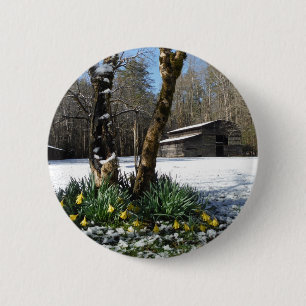 Daffodils blommor i snö knapp
