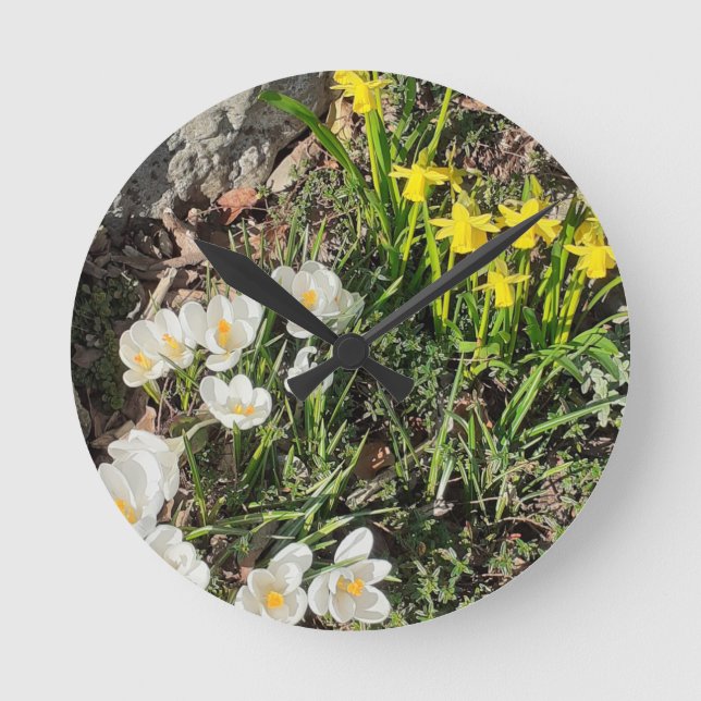 Daffodils & Crocus Clock Rund Klocka (Framsida)