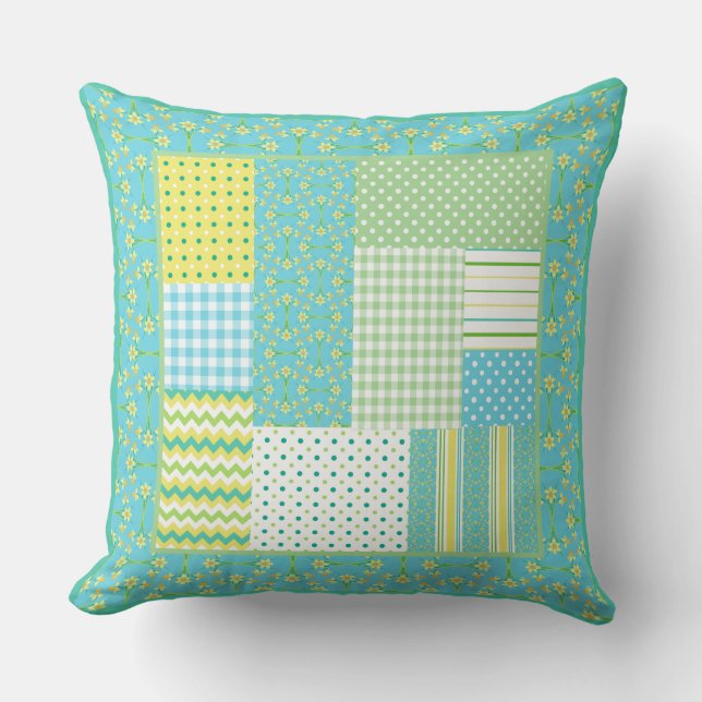 Daffodils Faux-patchwork Checks, Polkas, Rand Kudde (Framsida)