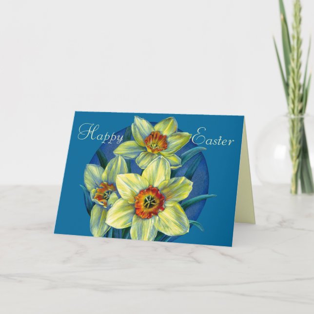 Daffodils "Glad påsk" gult och blått kort (Framsida)